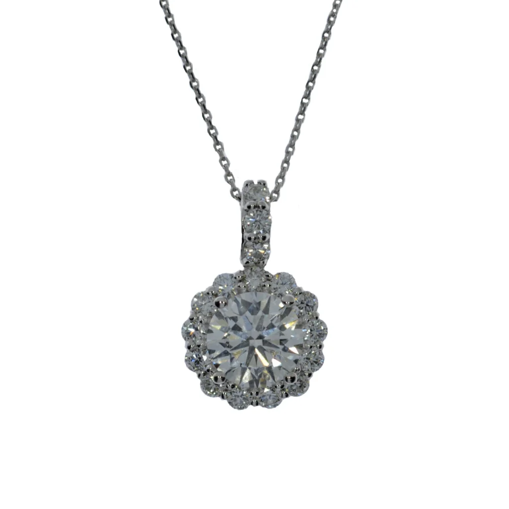 14k White Gold Natural Diamond Halo Solitaire Pendant