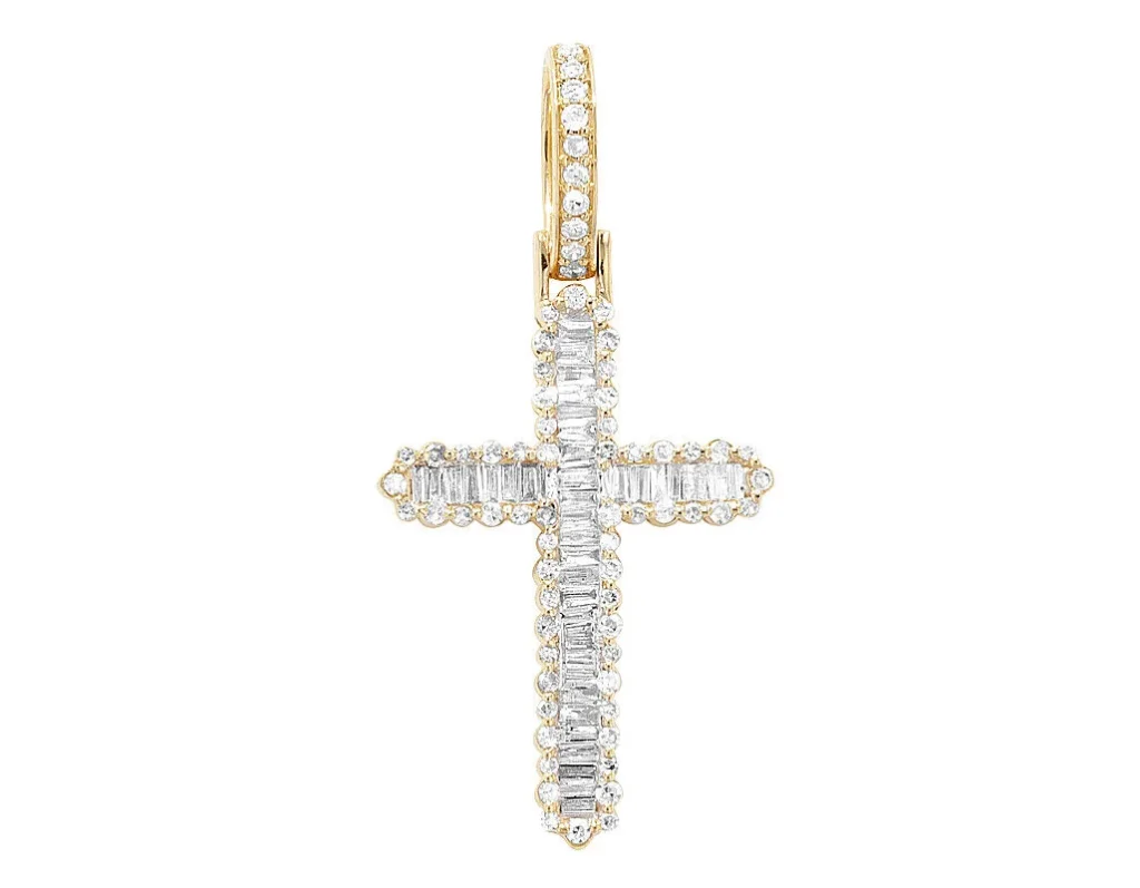 Channel Baguette 4/5 CT Real Diamond Cross Pendant 1.4" 10K Yellow Gold