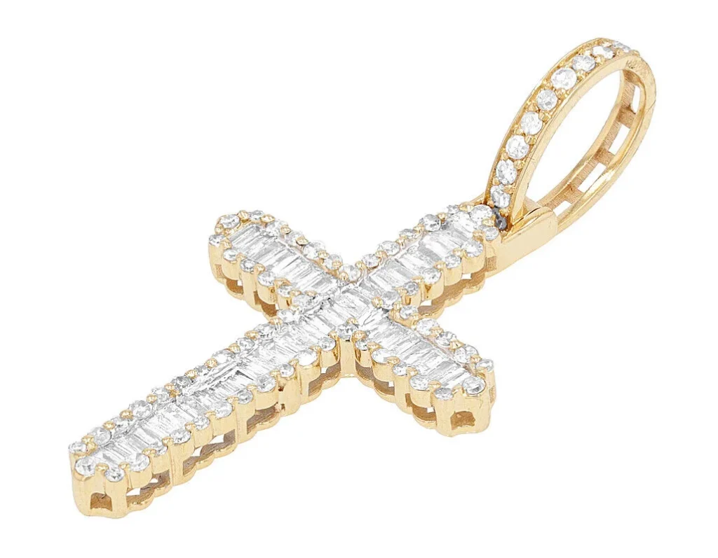 Channel Baguette 4/5 CT Real Diamond Cross Pendant 1.4" 10K Yellow Gold side
