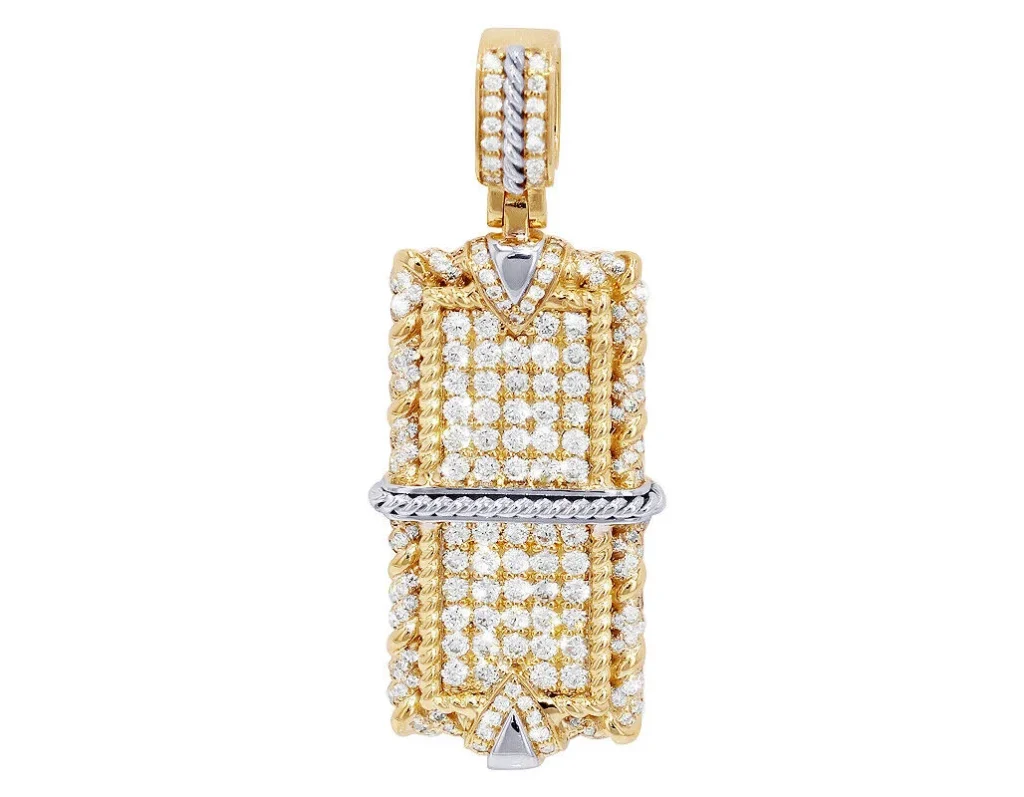 Dog tag 1.39CT Natural Diamond Pendant 10K Yellow White Gold 1.2"