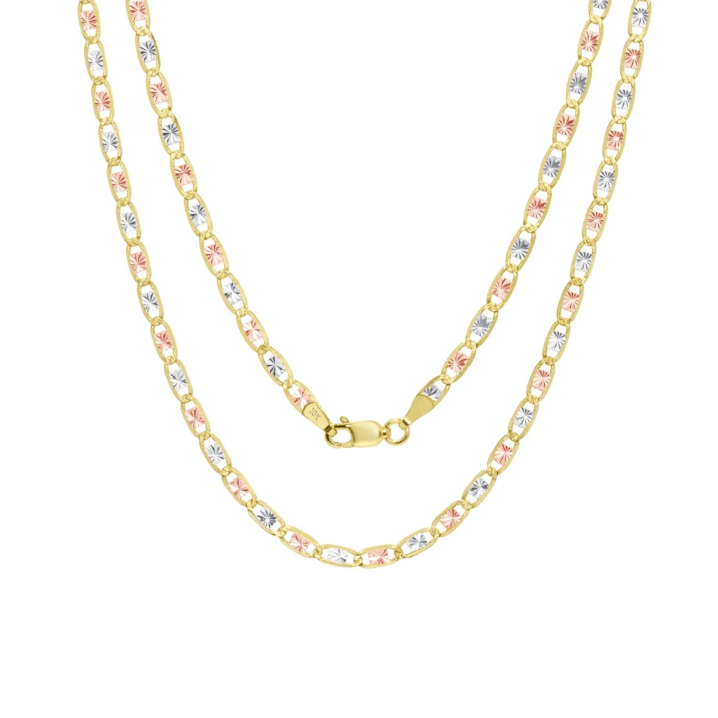 10K Solid Tri-Color Yellow Rose White Gold 3mm Valentino Chain Necklace