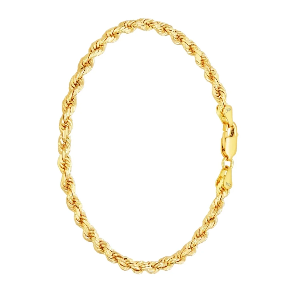 10K Solid Yellow Gold Rope Diamond Cut Bracelet 3mm