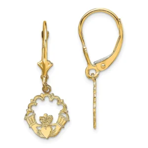 10k Gold Claddagh Leverback Drop Dangle Earrings