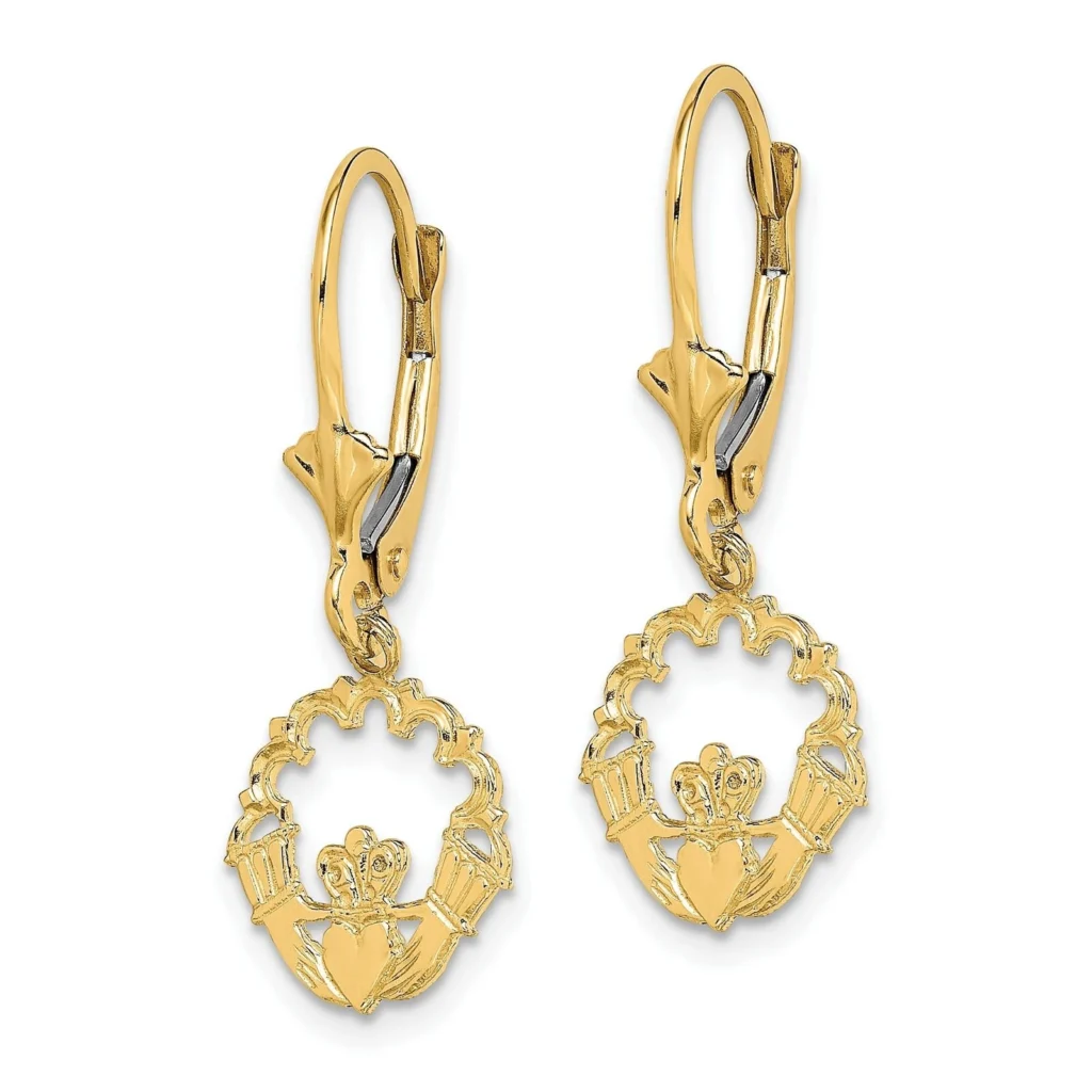 10k Gold Claddagh Leverback Drop Dangle Earrings 27x10.8mm side