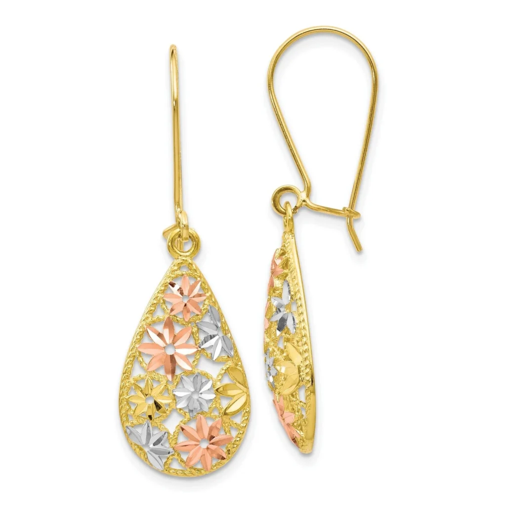 10k Gold Pearl Rose Drop Dangle Earrings