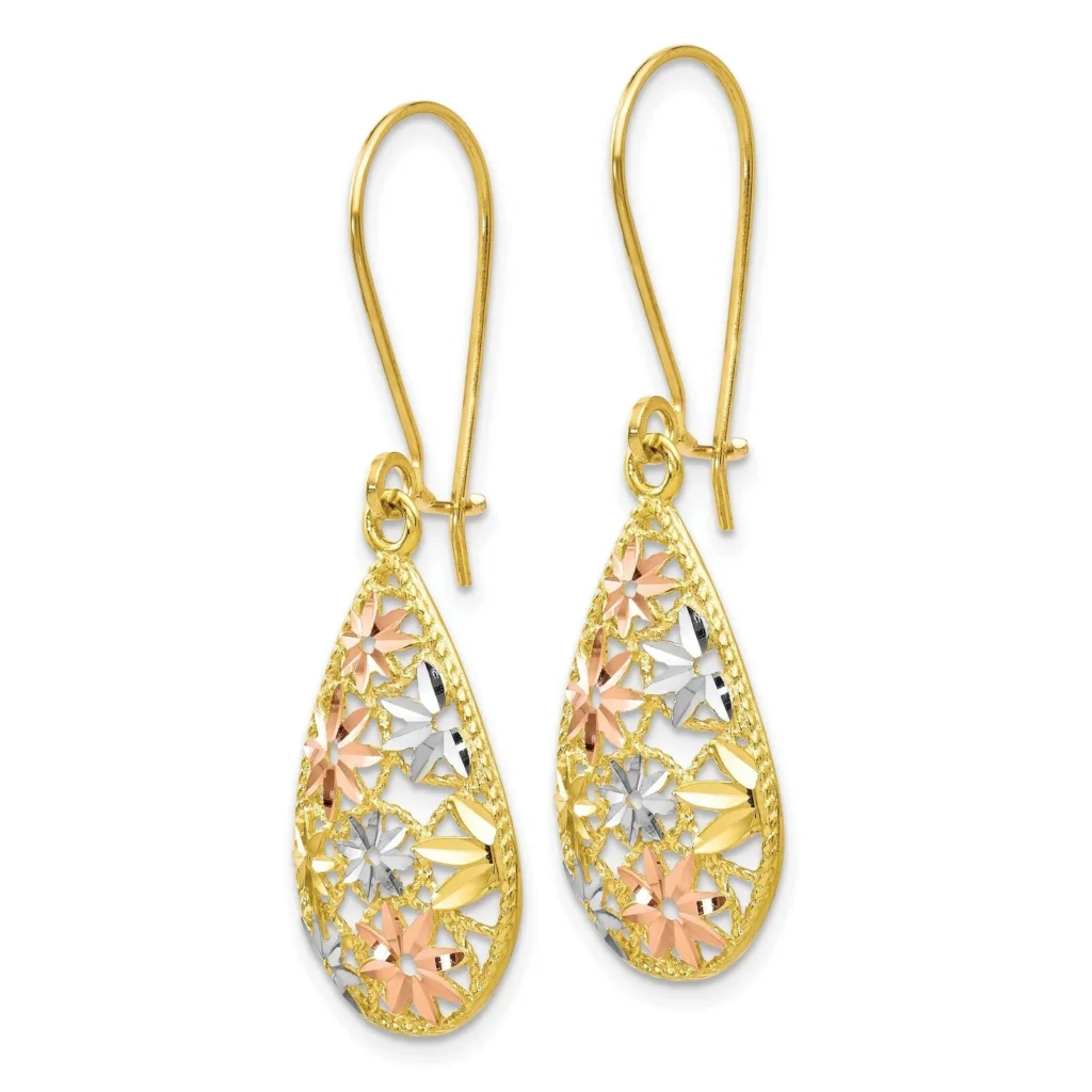 10k Gold Pearl Rose White Yellow Diamond-Cut Drop Dangle Earrings side