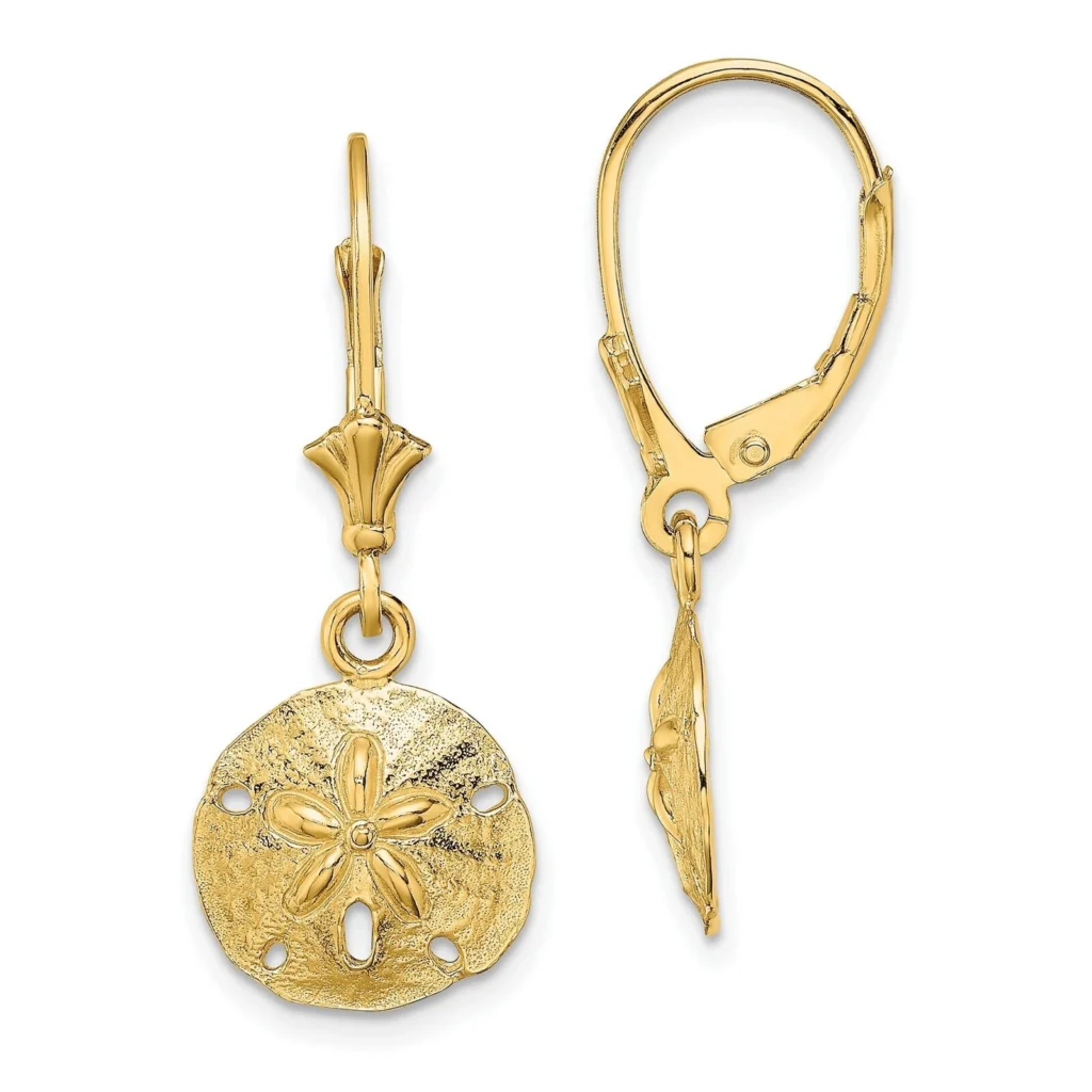 10k Gold Sand Dollar Leverback Drop Dangle Earrings