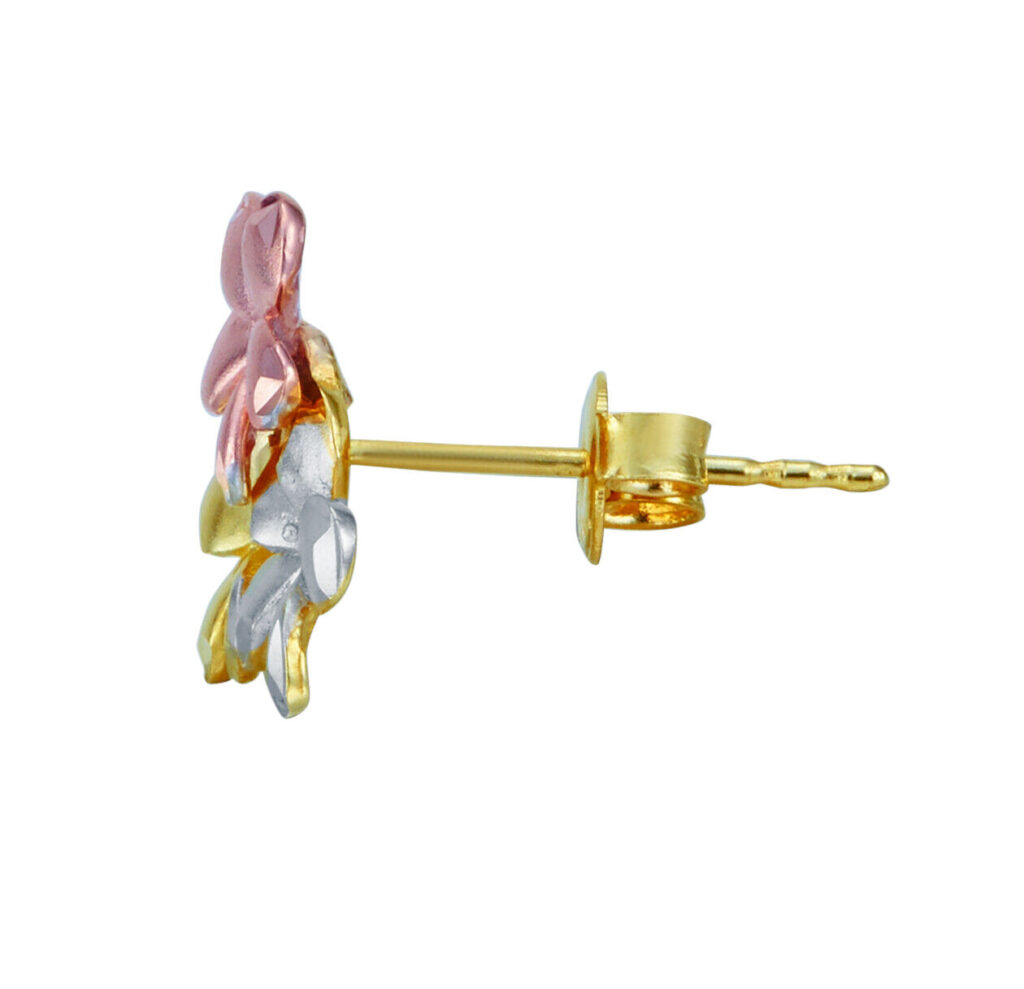 14k Tri Color Solid Gold Flower Stud Earrings 11x11mm side