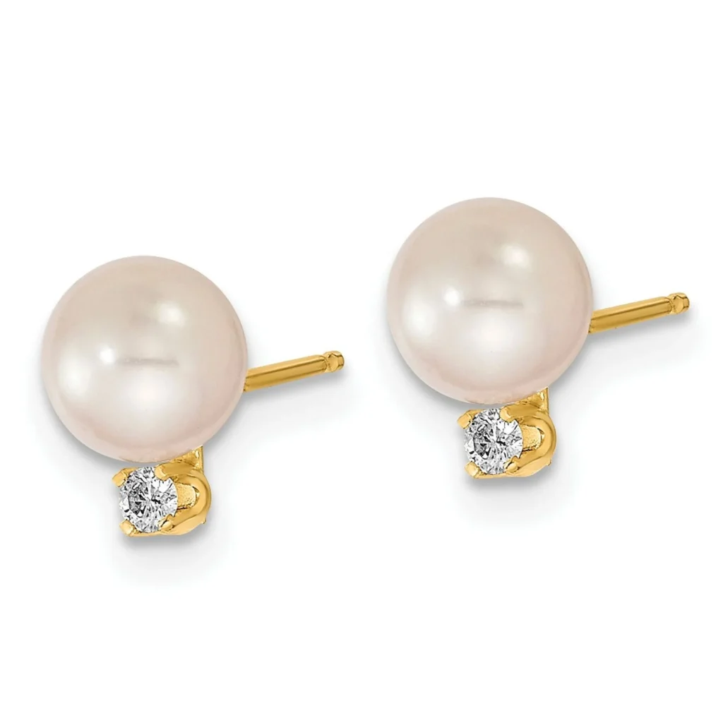 14k Yellow Gold Pearl Akoya Cultured Diamond Earrings 6.5mm fixed