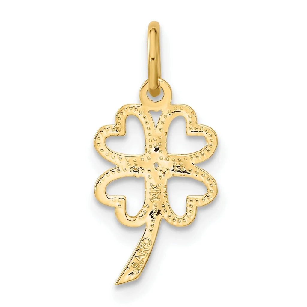 Solid 14k Yellow Gold Four Leaf Clover Charm Pendant bacl