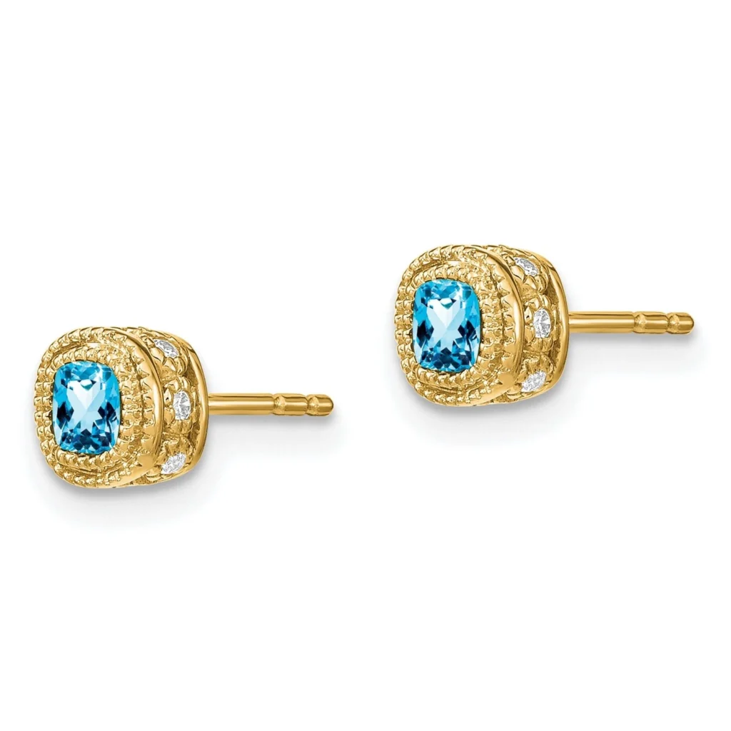 10k Yellow Gold Cushion Diamond and Blue Topaz Earrings 7.3x7.3mm