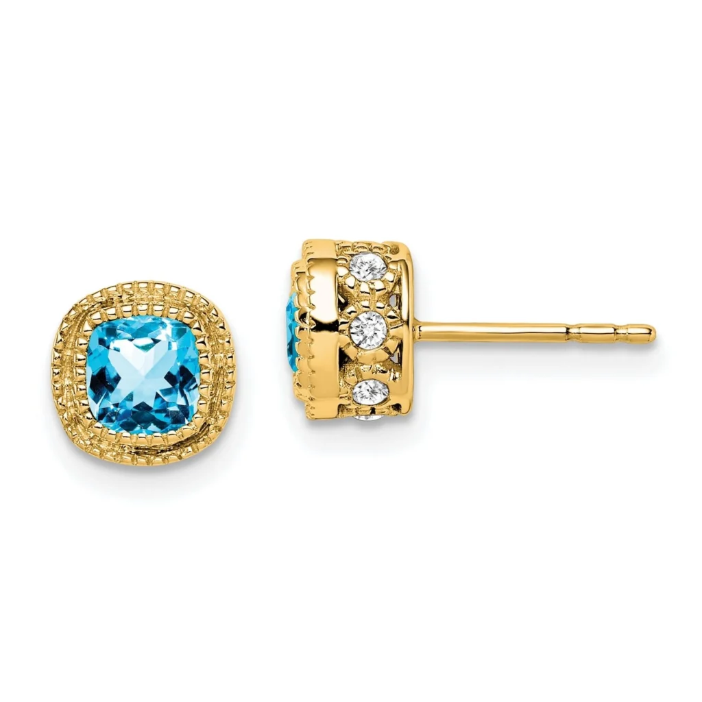 10k Yellow Gold Cushion Diamond and Blue Topaz Earrings 7.3x7.3mm full