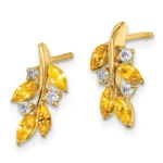 14k Yellow Gold Leaf Diamond Citrine Drop Earrings 13.3x7mm