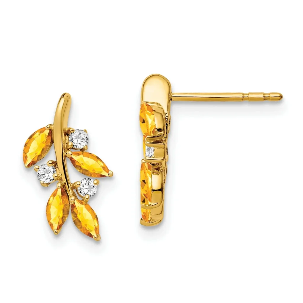 14k Yellow Gold Leaf Diamond Citrine Drop Earrings 13.3x7mm full