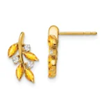 14k Yellow Gold Leaf Diamond Citrine Drop Earrings 13.3x7mm full