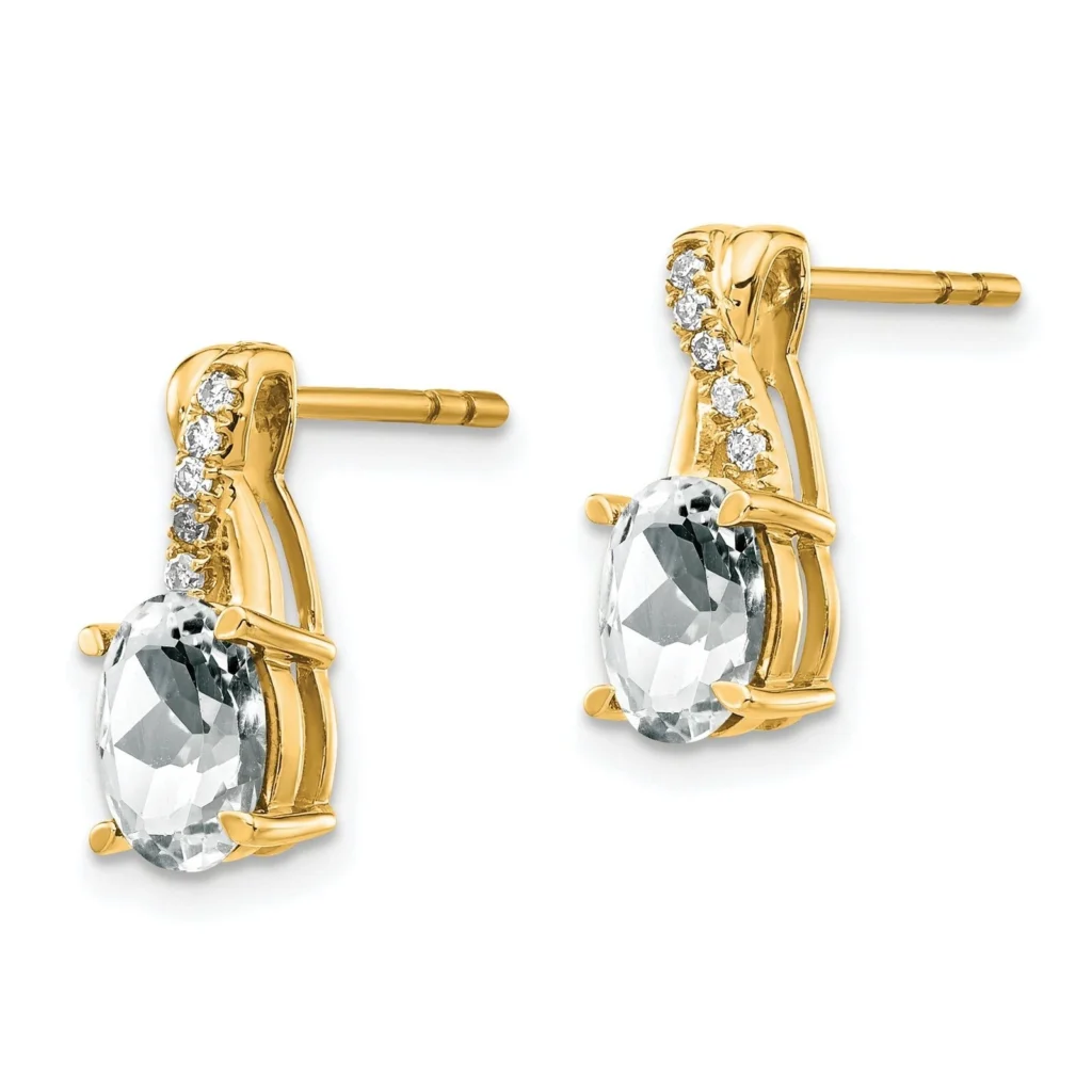 Solid 14k Yellow Gold Diamond and White Topaz Earrings 13.6x5.3mm