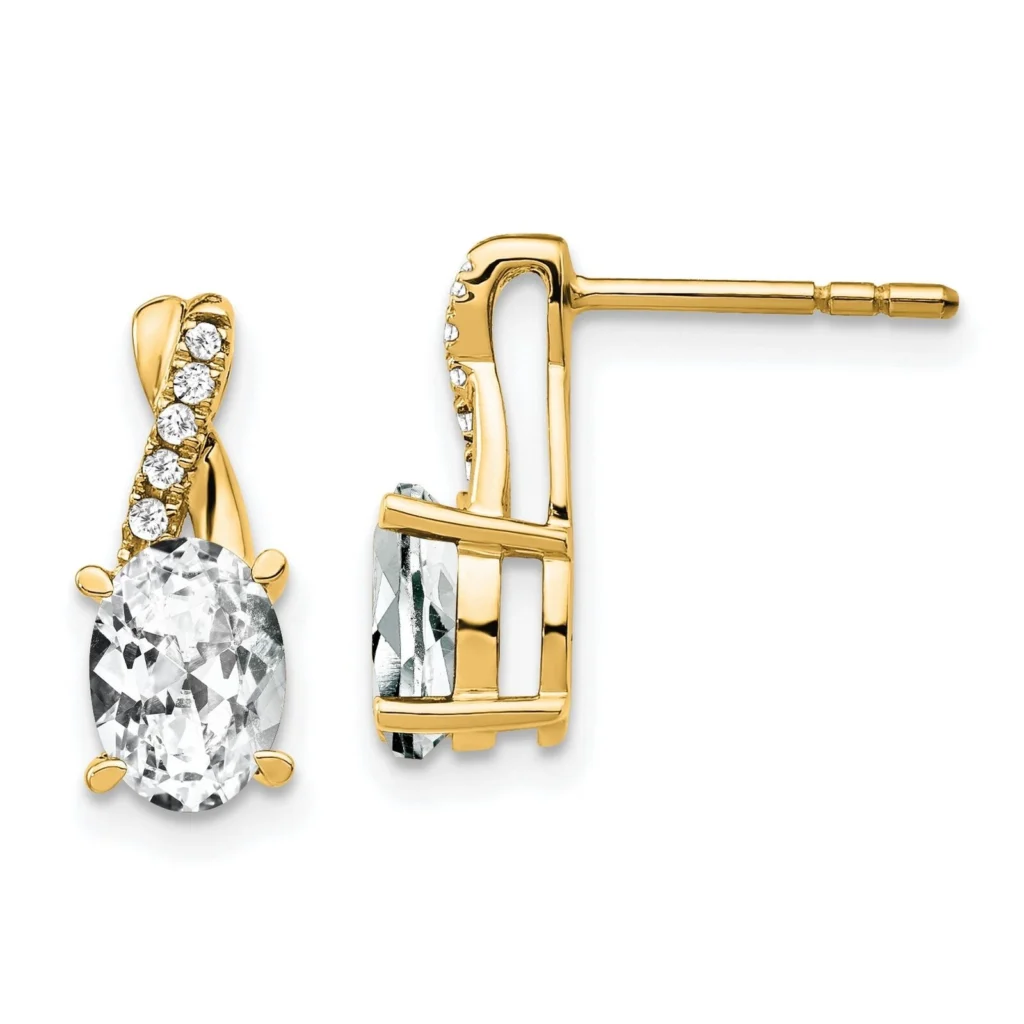 Solid 14k Yellow Gold Diamond and White Topaz Earrings 13.6x5.3mm full