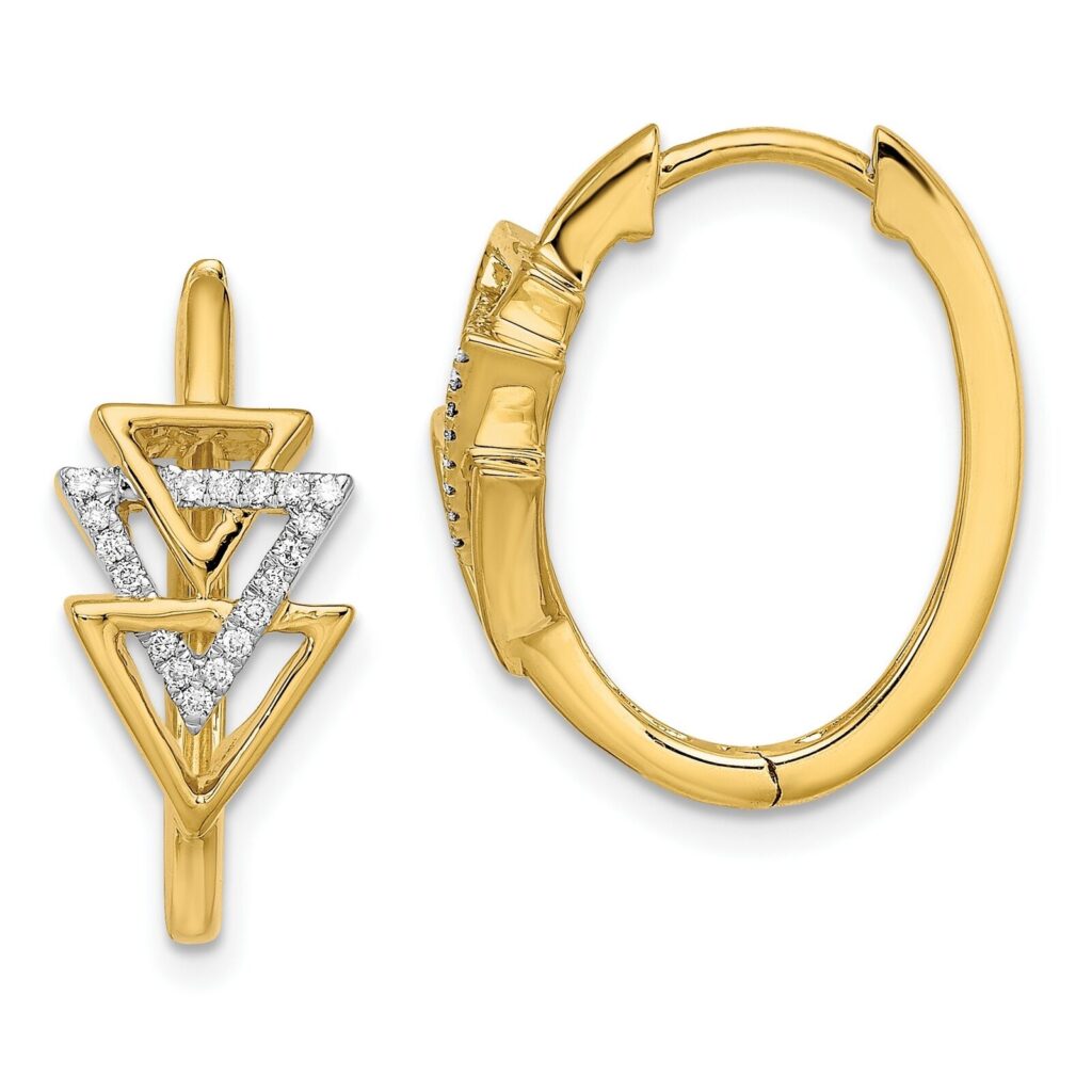14k Yellow Gold Diamond Triple Triangle Hinged Hoop Earrings 21x9 mm both