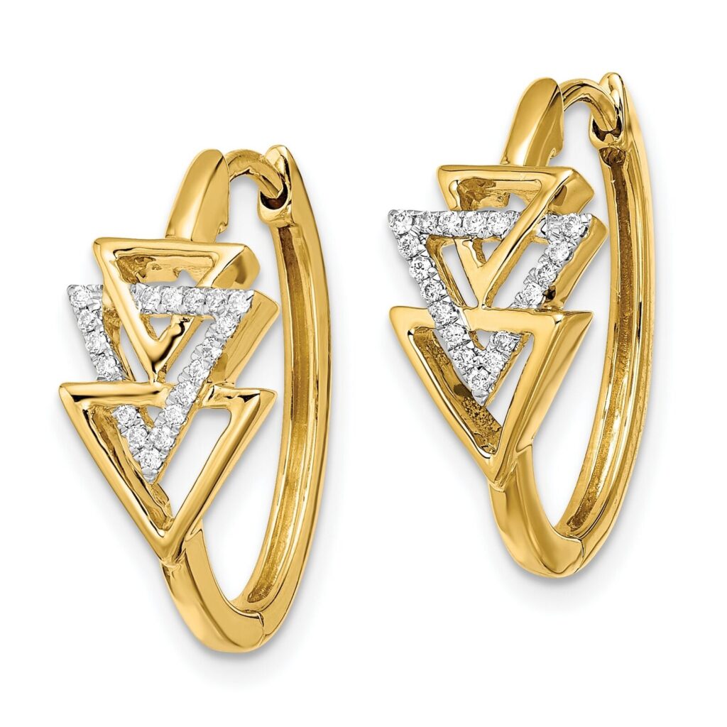 14k Yellow Gold Diamond Triple Triangle Hinged Hoop Earrings 21x9 mm